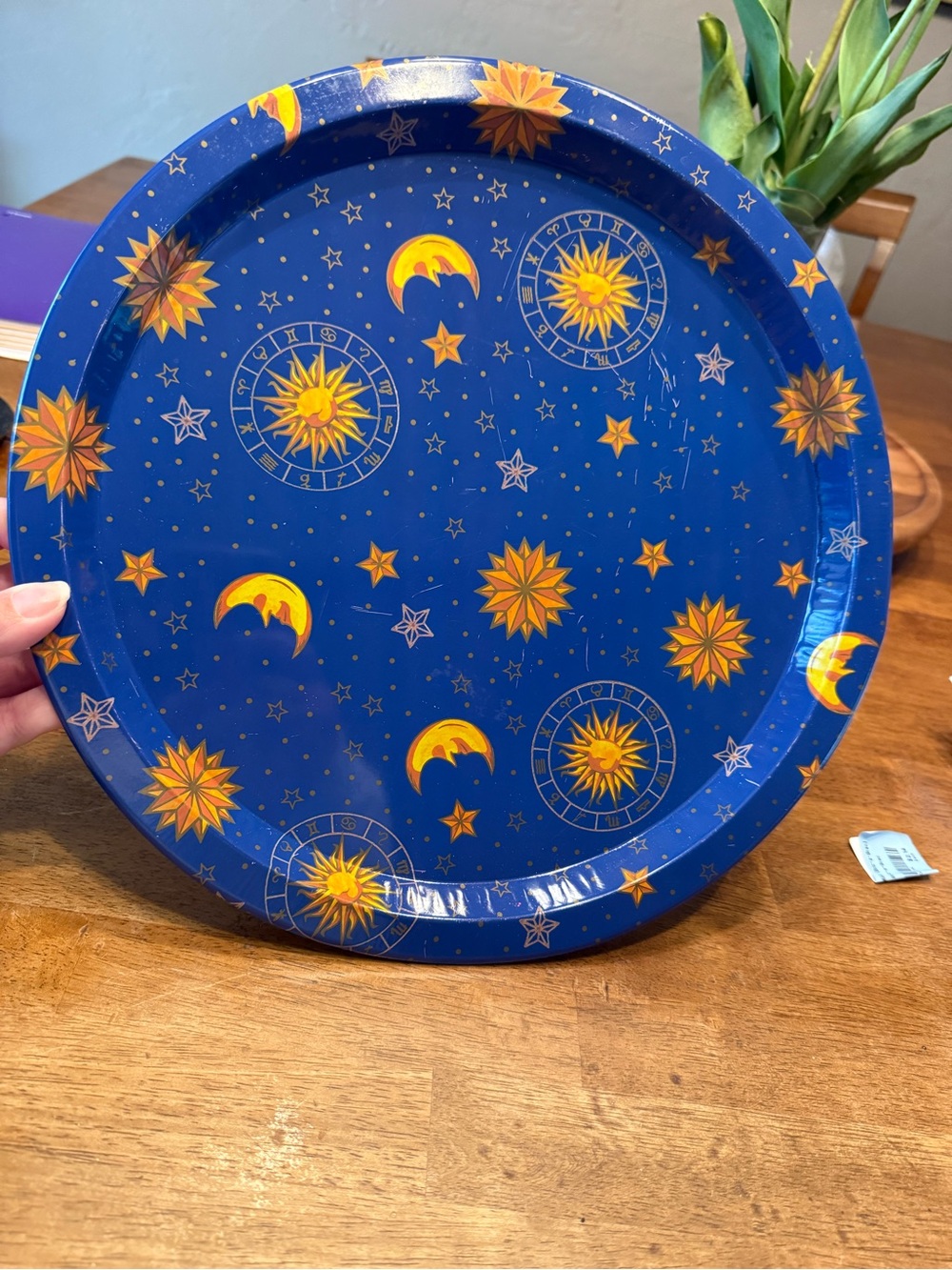 Vtg Celestial Zodiac Serving Tray Blue Sun Moon Stars Astrology Round Metal Tray